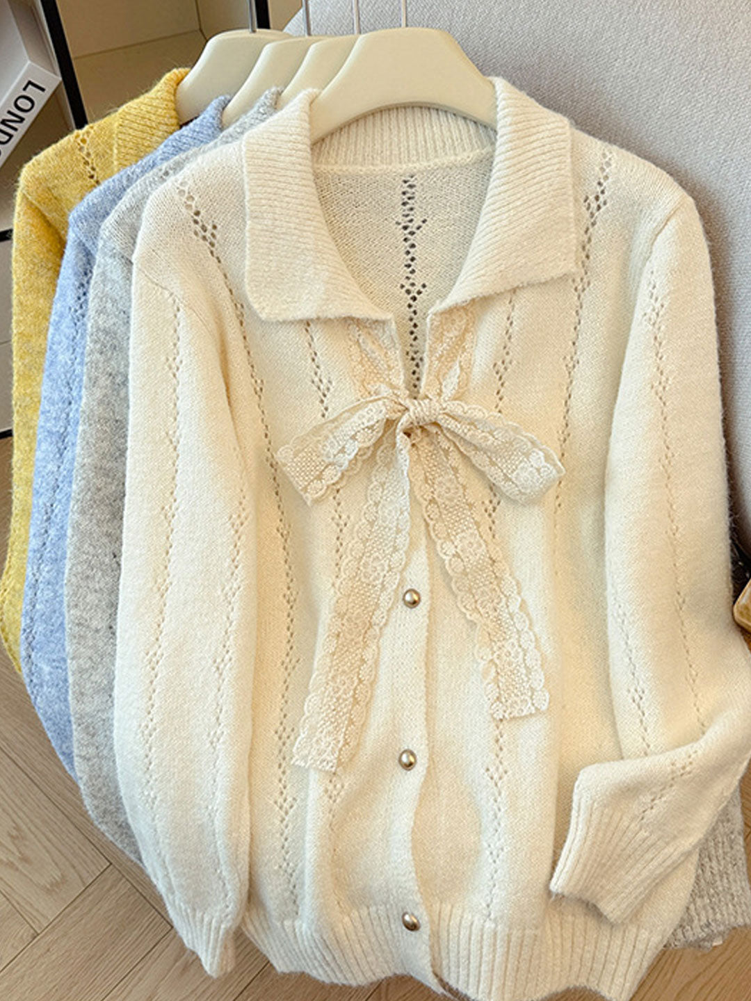 Brianna Retro Lapel Hollowed Lace Knitted Cardigan