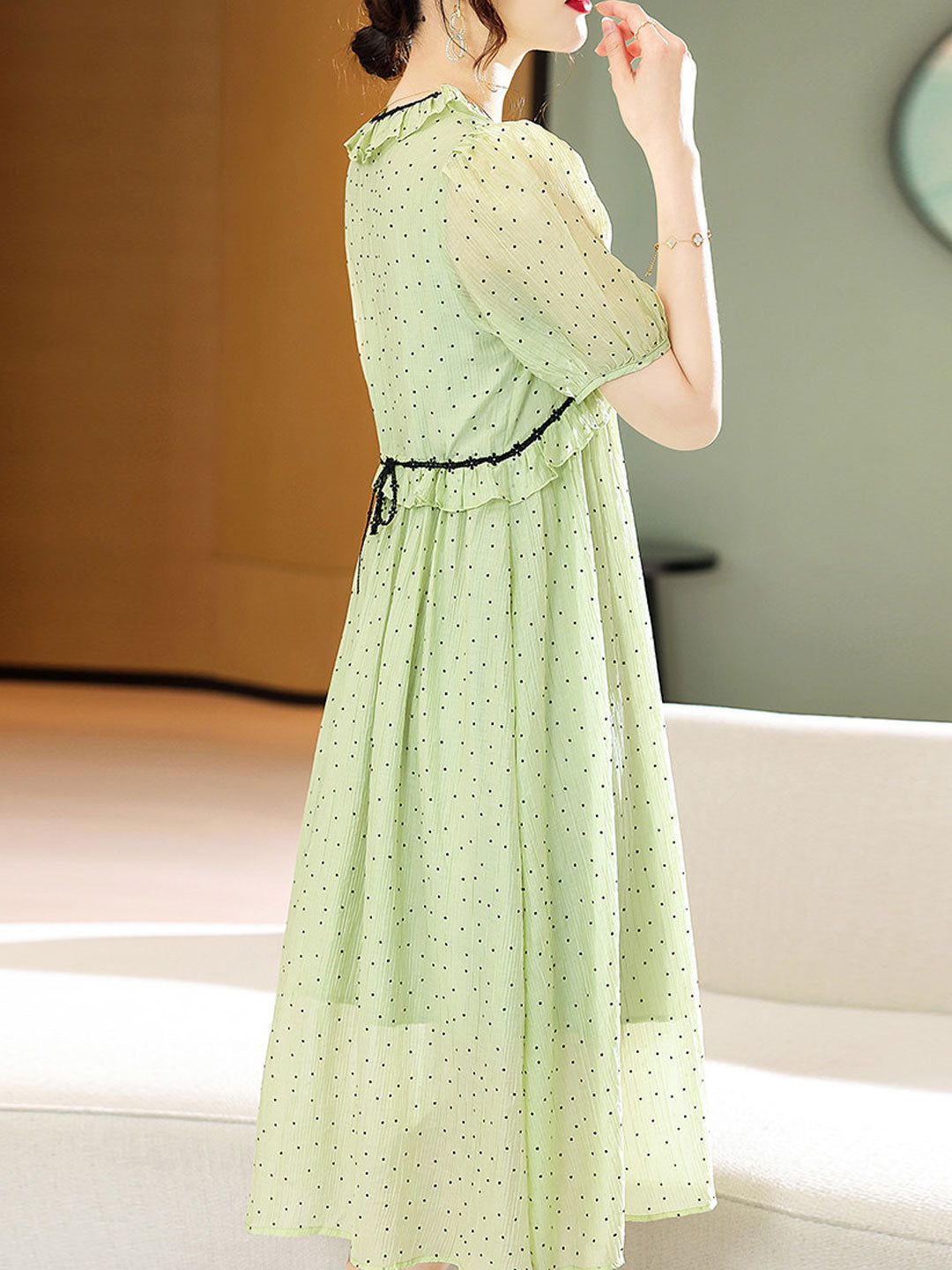 Olivia Retro Chiffon Polka-Dot Dress-Green