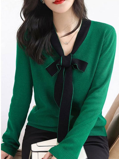 Jessica Casual Color Block Bow Tie Knitted Top