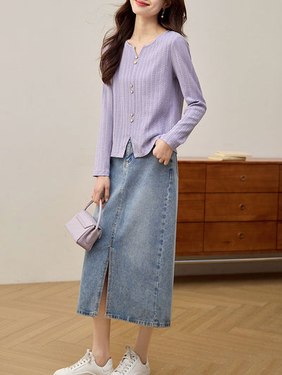 Mariah Elegant Crew Neck Textured Button Top