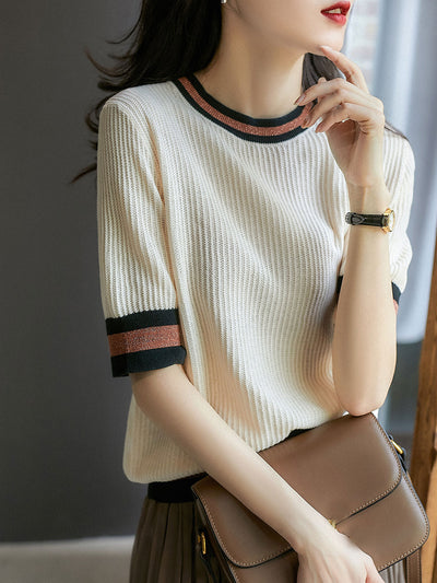 Olivia Crew Neck Jacquard Texture Contrast Knitted Top