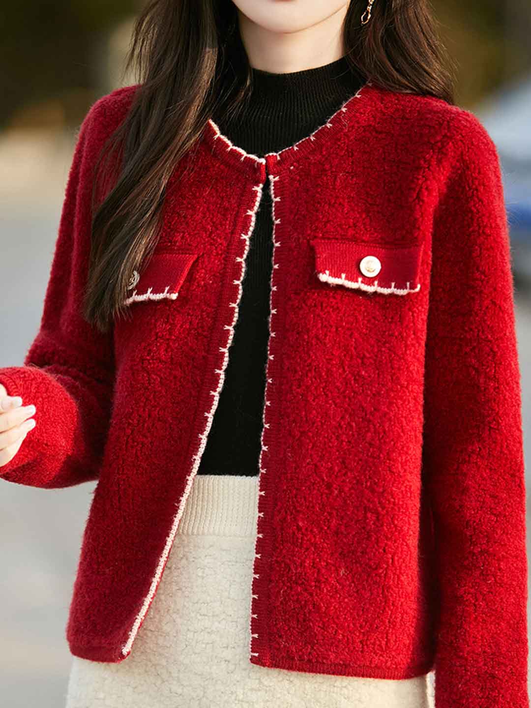 Aaliyah Elegant Crew Neck Tweed Knitted Coat