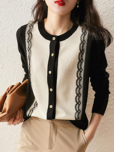 Mia Elegant Lace Paneled Knitted Cardigan