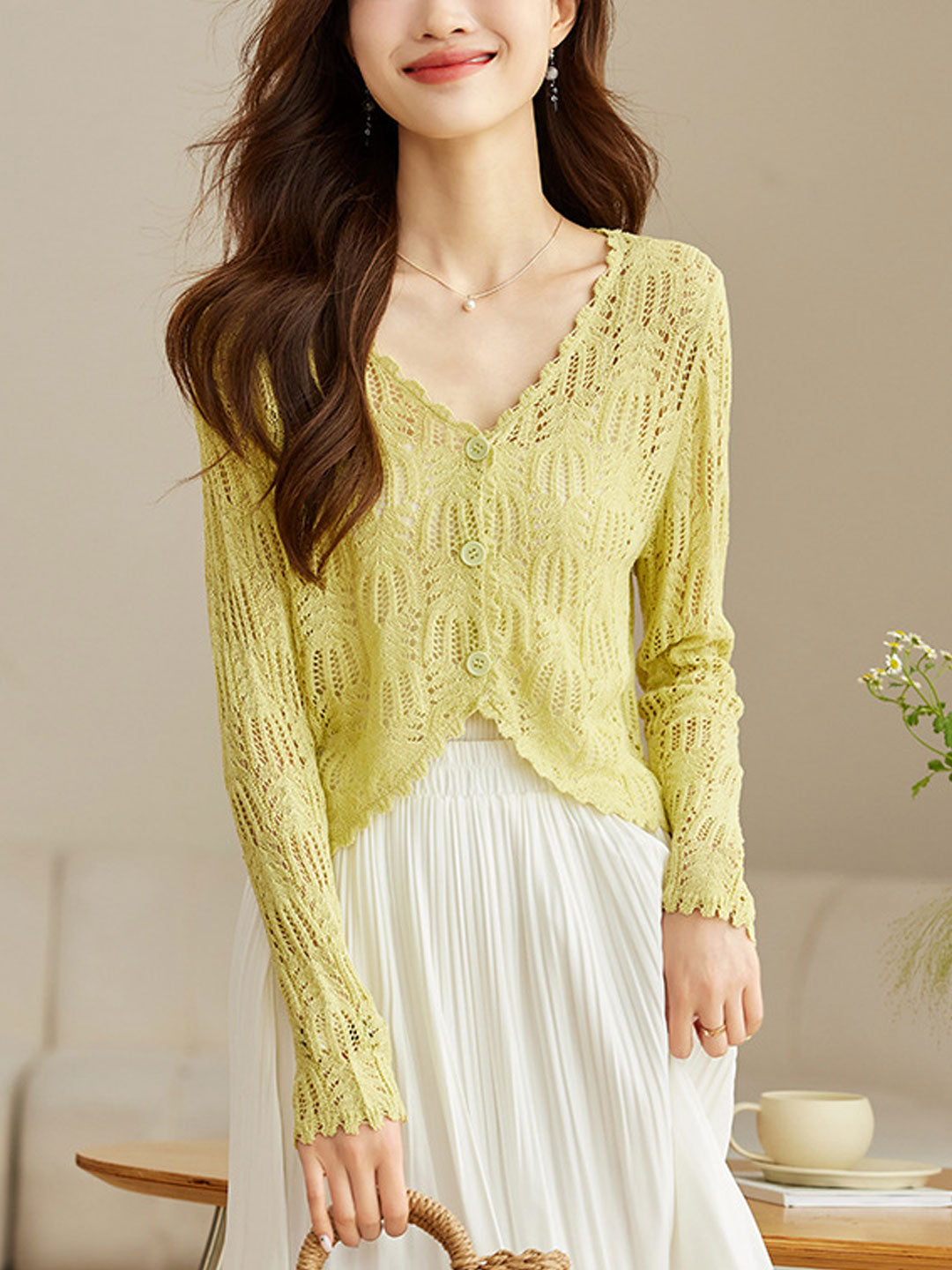 Emma Elegant V-Neck Hollowed Ice Silk Knitted Cardigan-Yellow