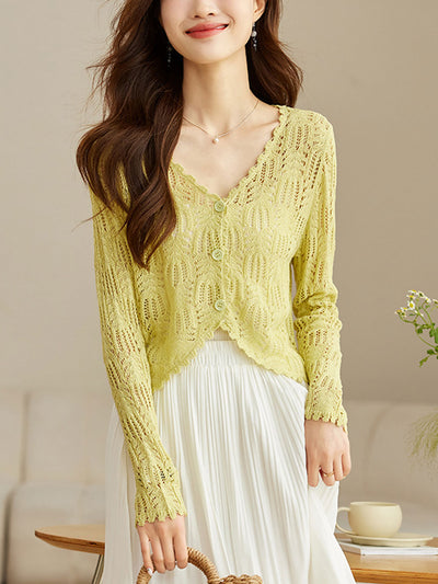 Emma Elegant V-Neck Hollowed Ice Silk Knitted Cardigan-Yellow