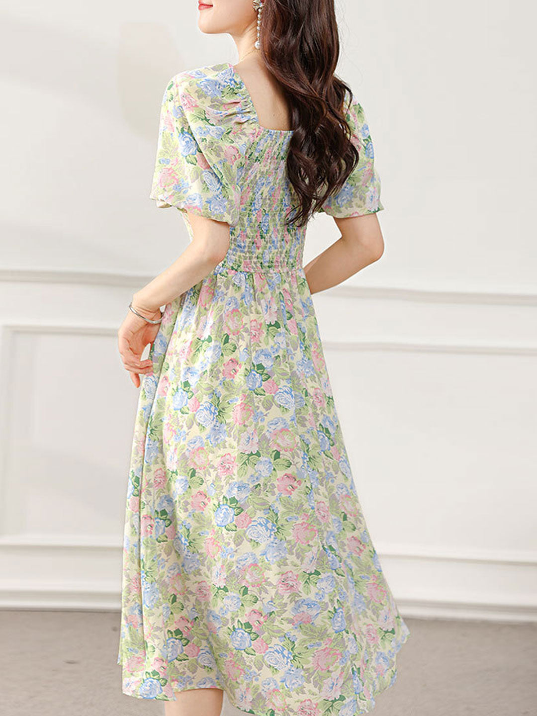 Sophia Retro Puff Sleeve Floral Dress-Green