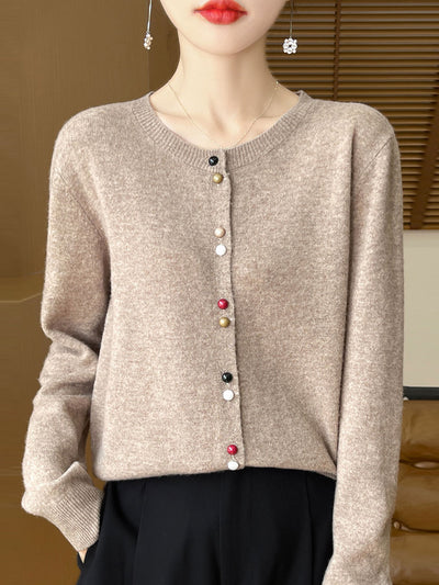 Mya Loose Crew Neck Solid Color Knitted Cardigan-Red
