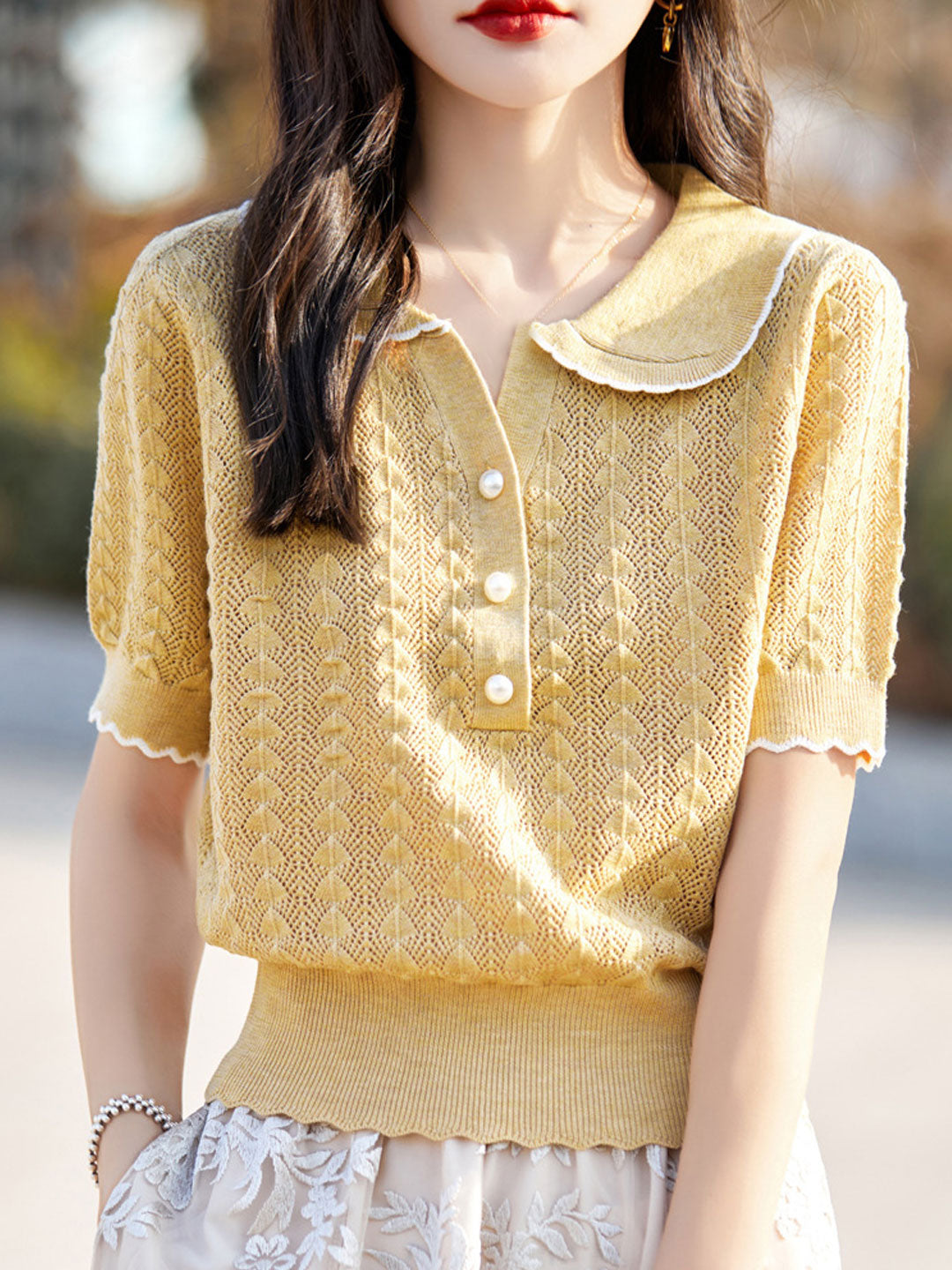 Ava Loose Polo Hollowed Knitted Top