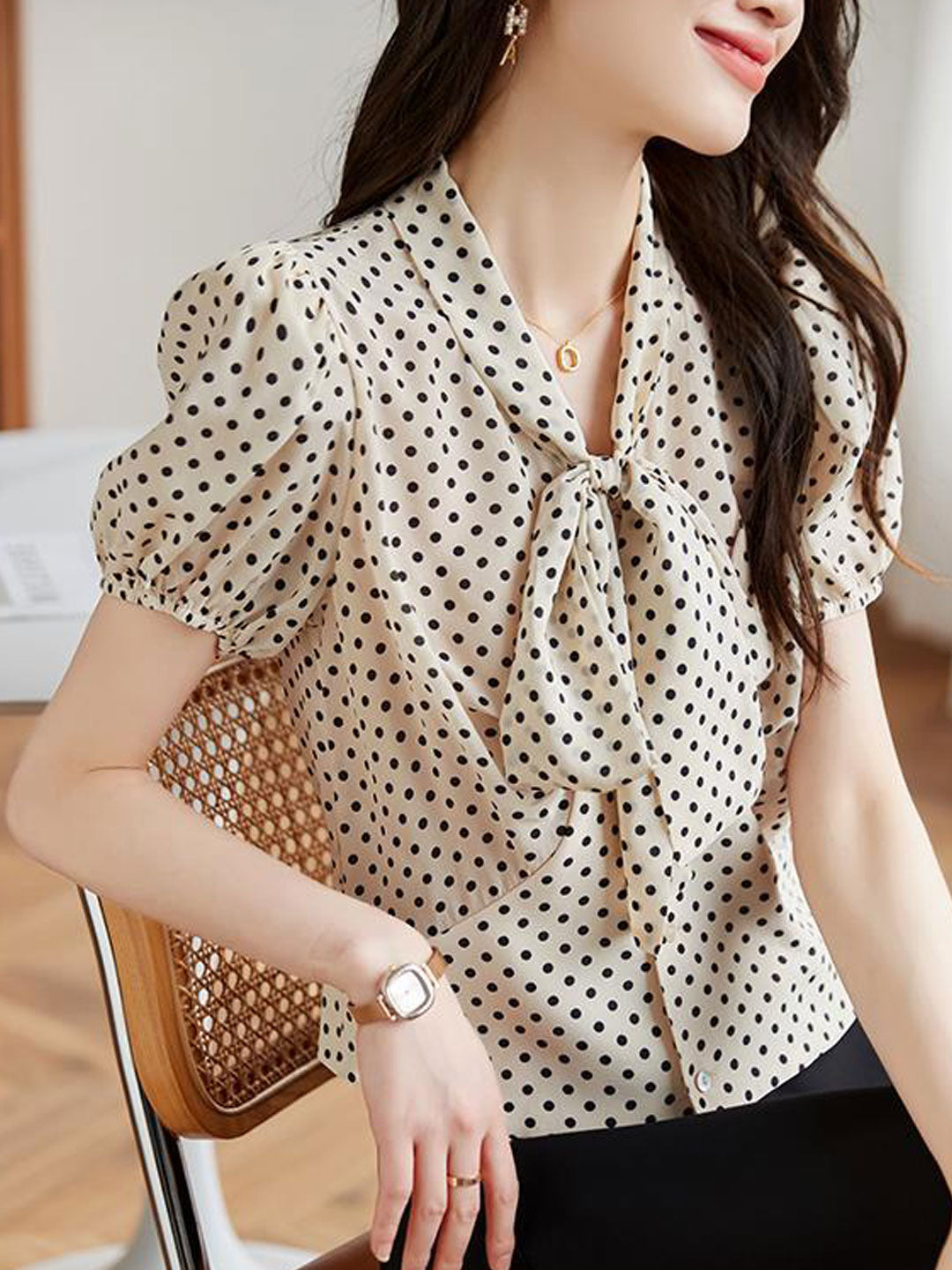 Molly Loose Polka Dot Bow Puff Sleeve Top