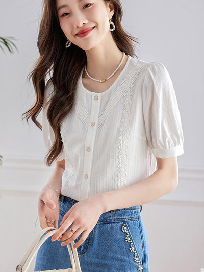 Julia Retro Spliced Puff Sleeve Blouse