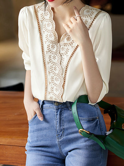 Chloe Retro V-neck Embroidered Shirt