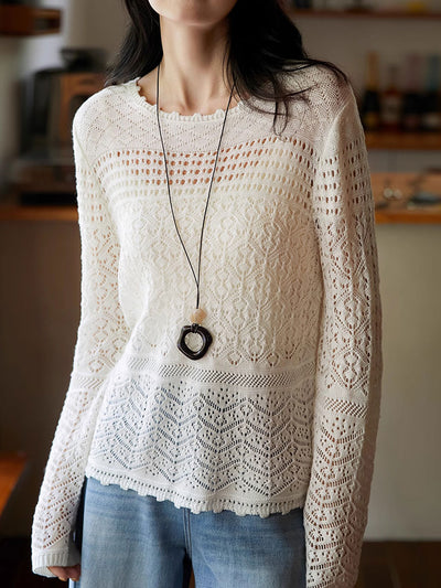 Mia Loose Crew Neck Hollowed Jacquard Knitted Top
