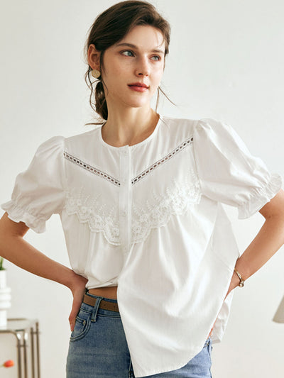 Layla Retro Hollowed Paneled Lace Shirt-Light Yellow