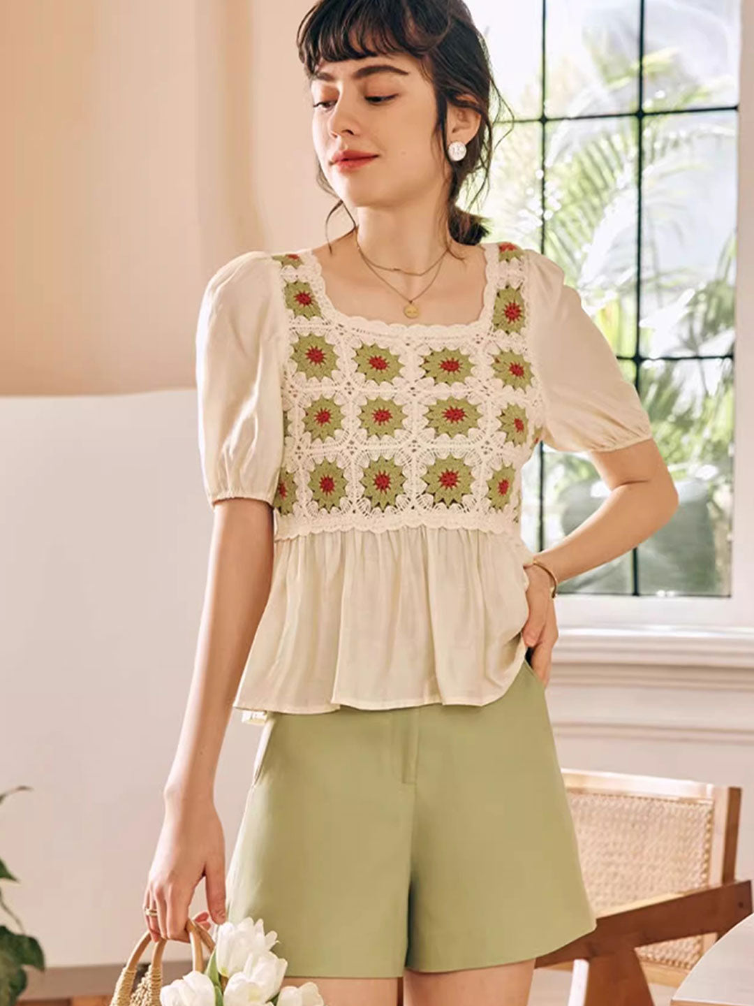 Olivia Retro Square Collar Crocheted Hollowed Chiffon Top