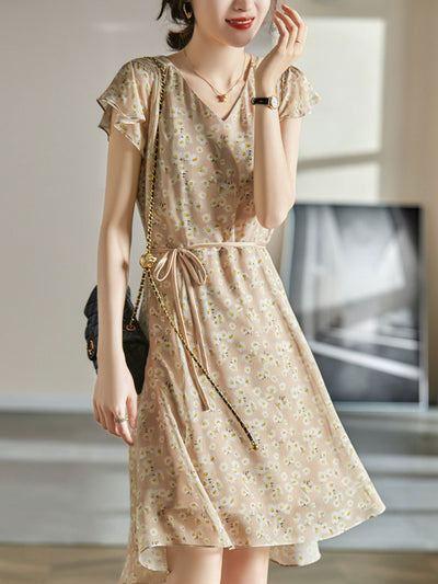 Hannah Classic V-neck Floral Printed Chiffon Dress