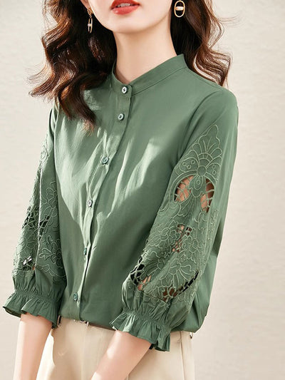 Kayla Casual Embroidered Shirt-Green