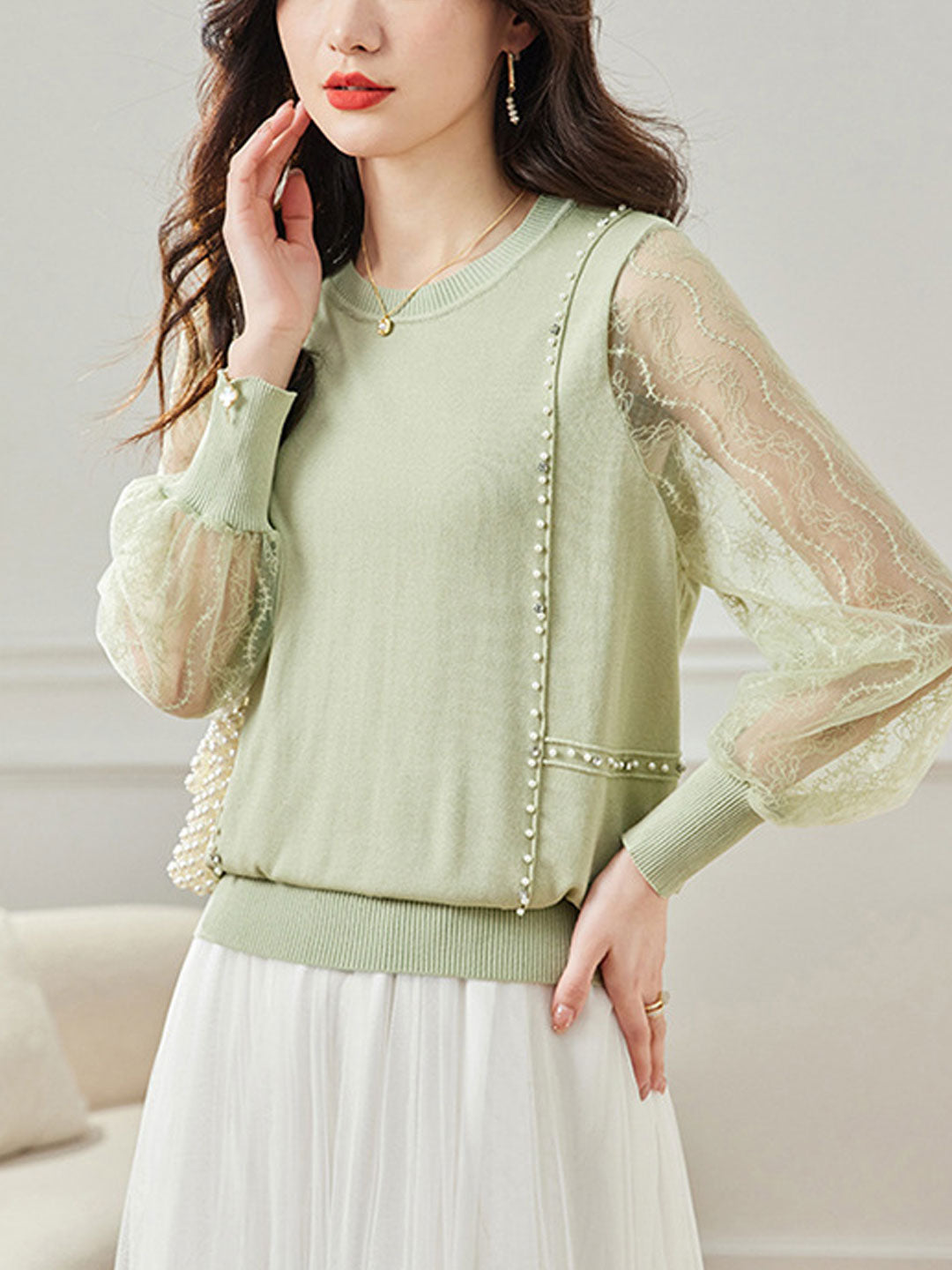 Julia Classic Crew Neck Beaded Lace Slik Knitted Top