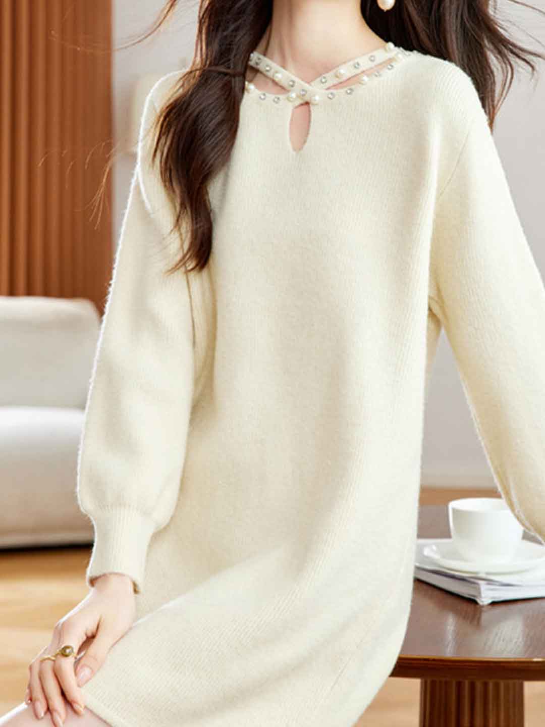 Hannah Elegant Crew Neck Beaded Knitted Sweater Dress