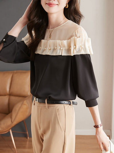 Lauren Elegant Contrasted Patchwork Chiffon Blouse