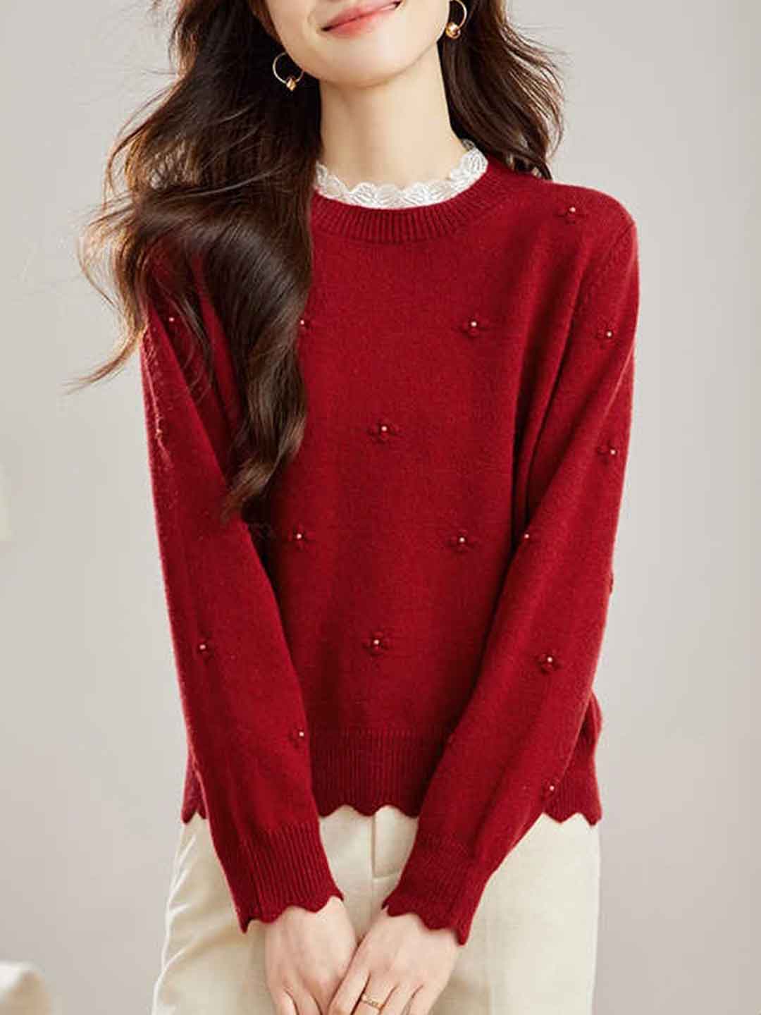 Andrea Retro Lace Crew Neck Solid Color Beaded Knitted Top