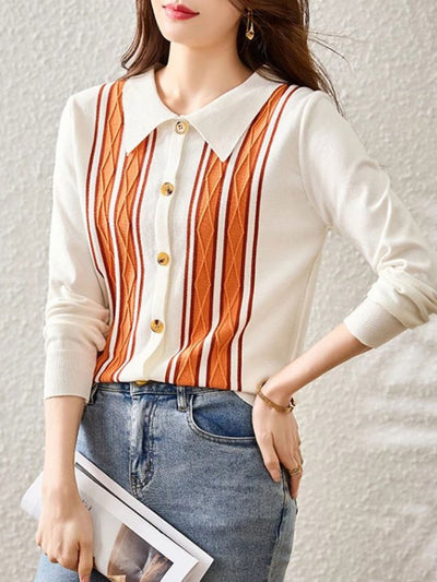 Ava Casual Lapel Striped Knitted Cardigan