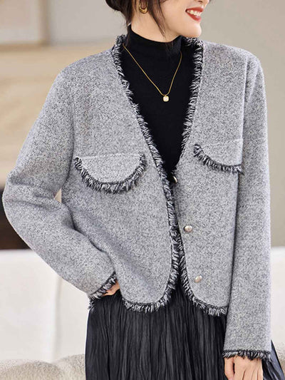 Emma Retro V-Neck Solid Color Tweed Coat