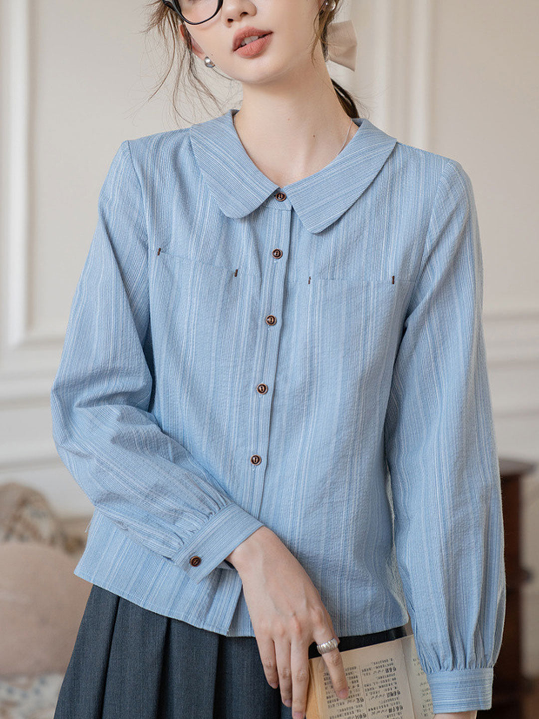 Julia Retro Doll Collar Striped Shirt