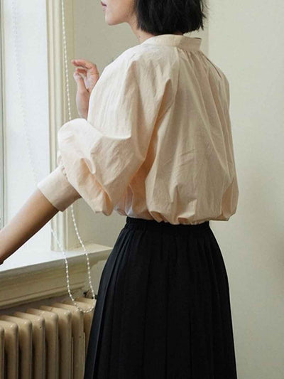 Natalie Retro Stand-up Collar Puff Sleeve Shirt