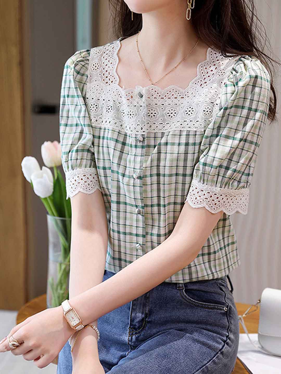 Kayla Retro Plaid Panel Top