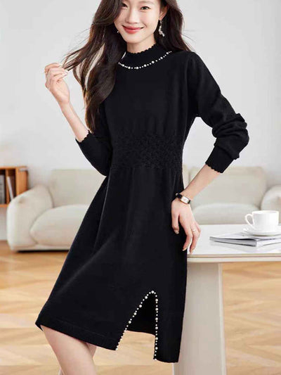 Victoria Casual Turtleneck Beaded Knitted Sweater Dress