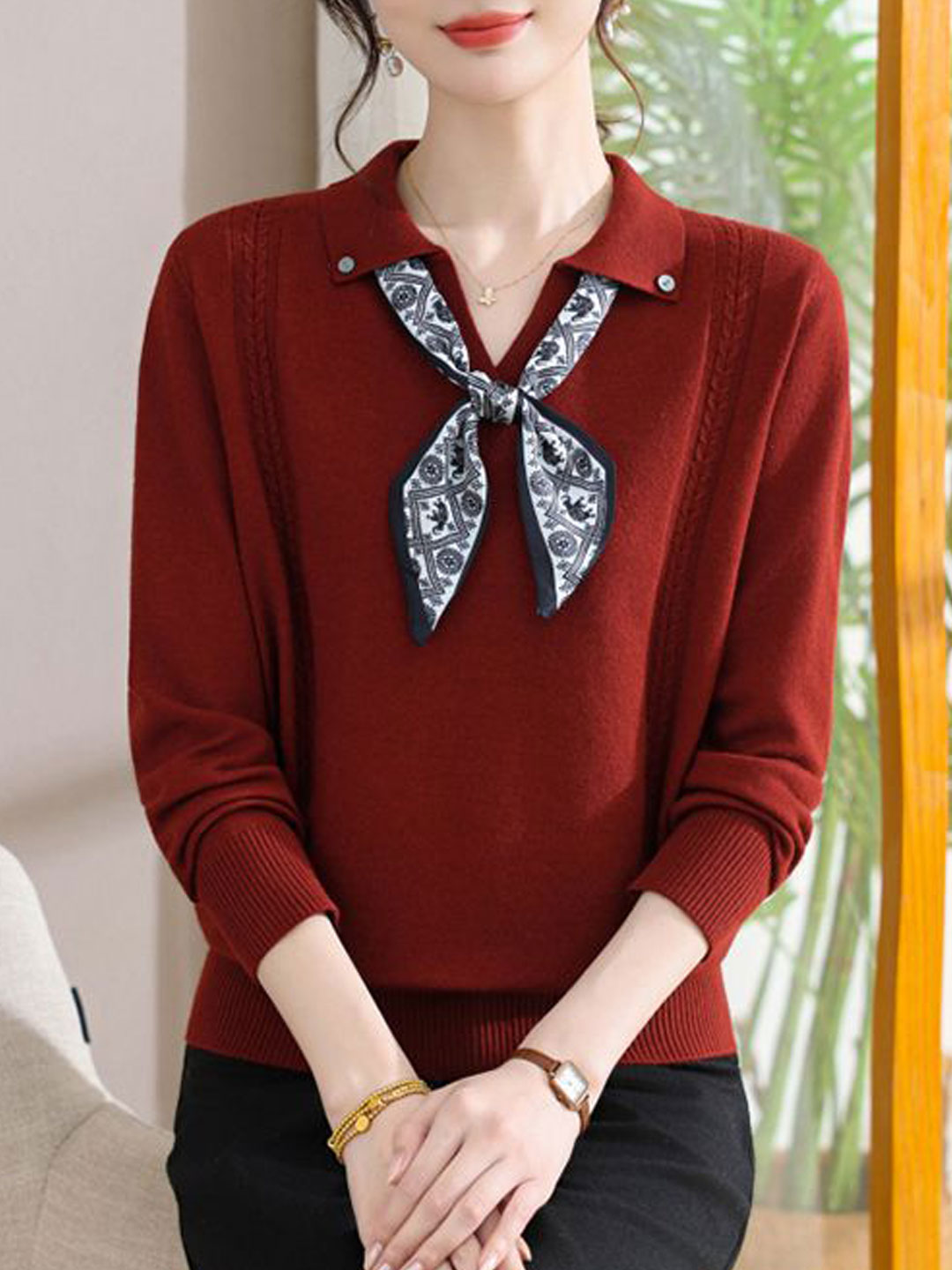 Grace Loose Lapel Scarf Pullover Knitted Top