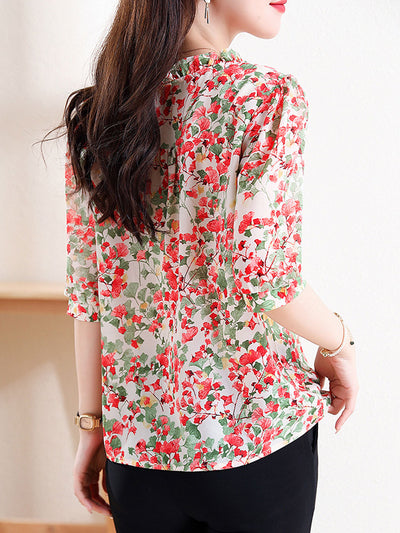 Mia Vacation V-Neck Ruffled Floral Chiffon Top-Red