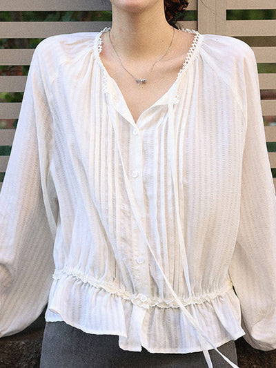 Ashley Retro Puff Sleeve Tie Pleated Blouse