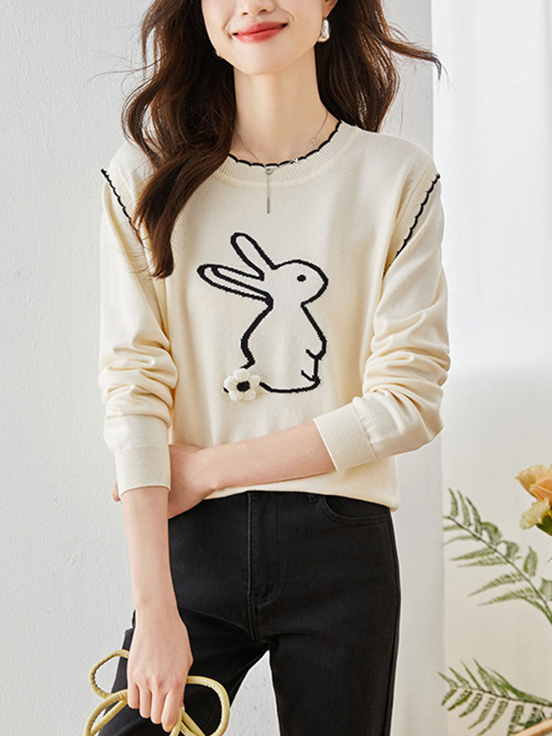 Kayla Casual Rabbit Printed Knitted Pullover Sweater