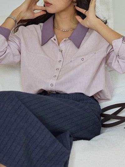 Layla Retro Lapel Contrasted Color Shirt