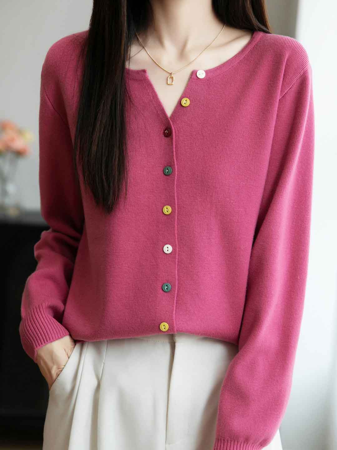 Andrea Classic Crew Neck Colorful Buttons Solid Color Knitted Cardigan