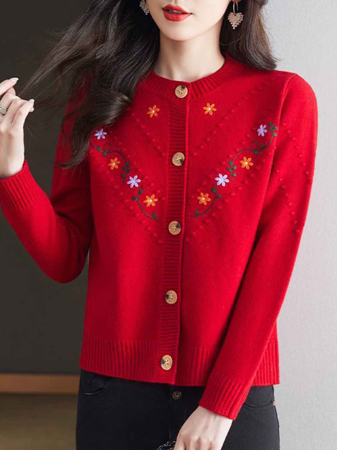 Faith Classic Crew Neck Embroidered Floral Knitted Cardigan