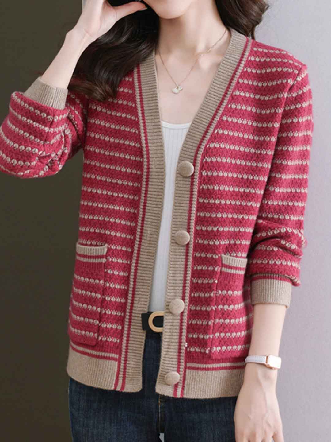 Aaliyah Casual Crew Neck Striped Knitted Cardigan