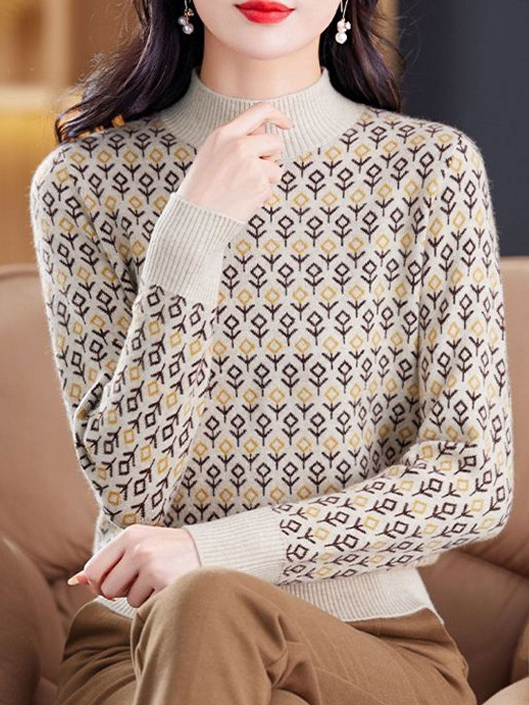 Brianna Classic Jacquard Turtleneck Knitted Sweater