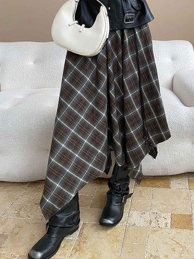 Emily Irregular Color-Blocked Plaid Skirt