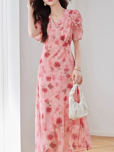 Kaitlyn Elegant V-Neck Printed Tie Dress