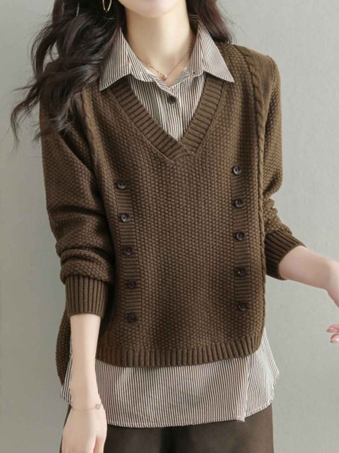 Jocelyn Loose Mock Two-Piece Striped Knitted Top