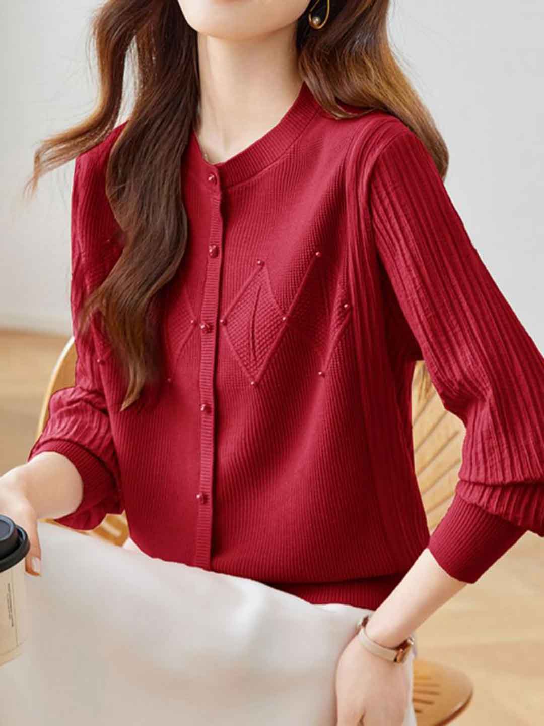 Maya Classic Crew Neck Patchwork Knitted Cardigan