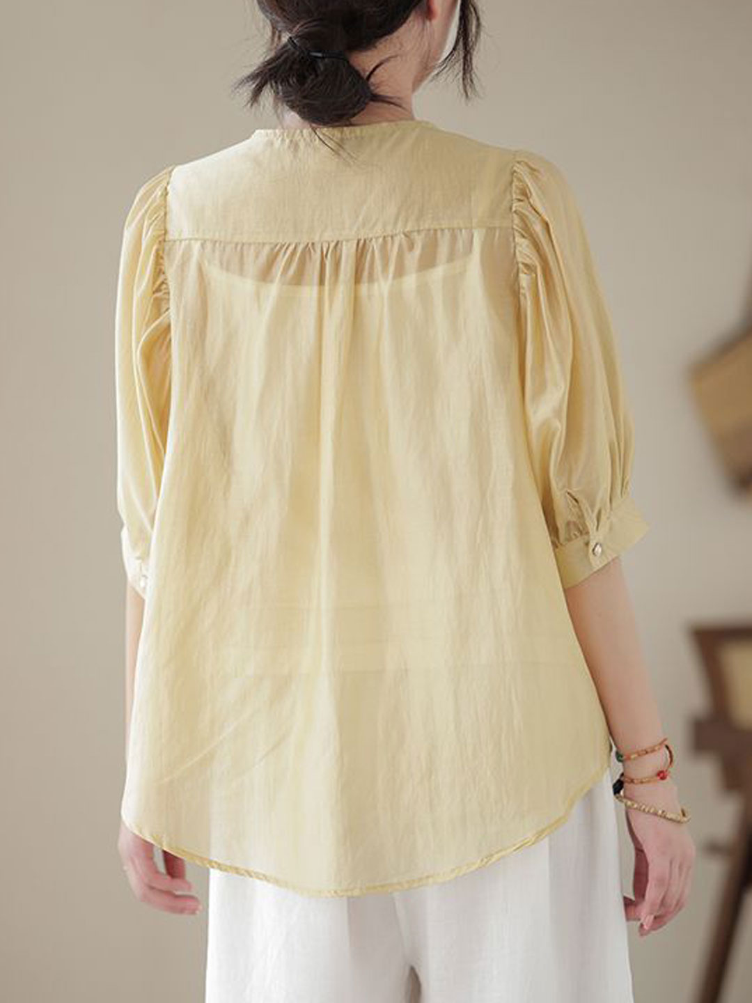 Bailey Retro Crew Neck Puff Sleeve Embroidered Top-Beige