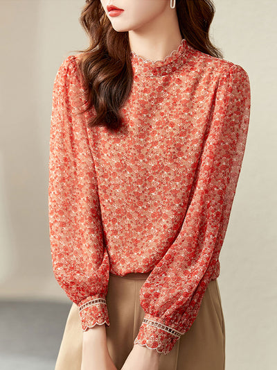 Chloe Retro Floral Printed Chiffon Blouse