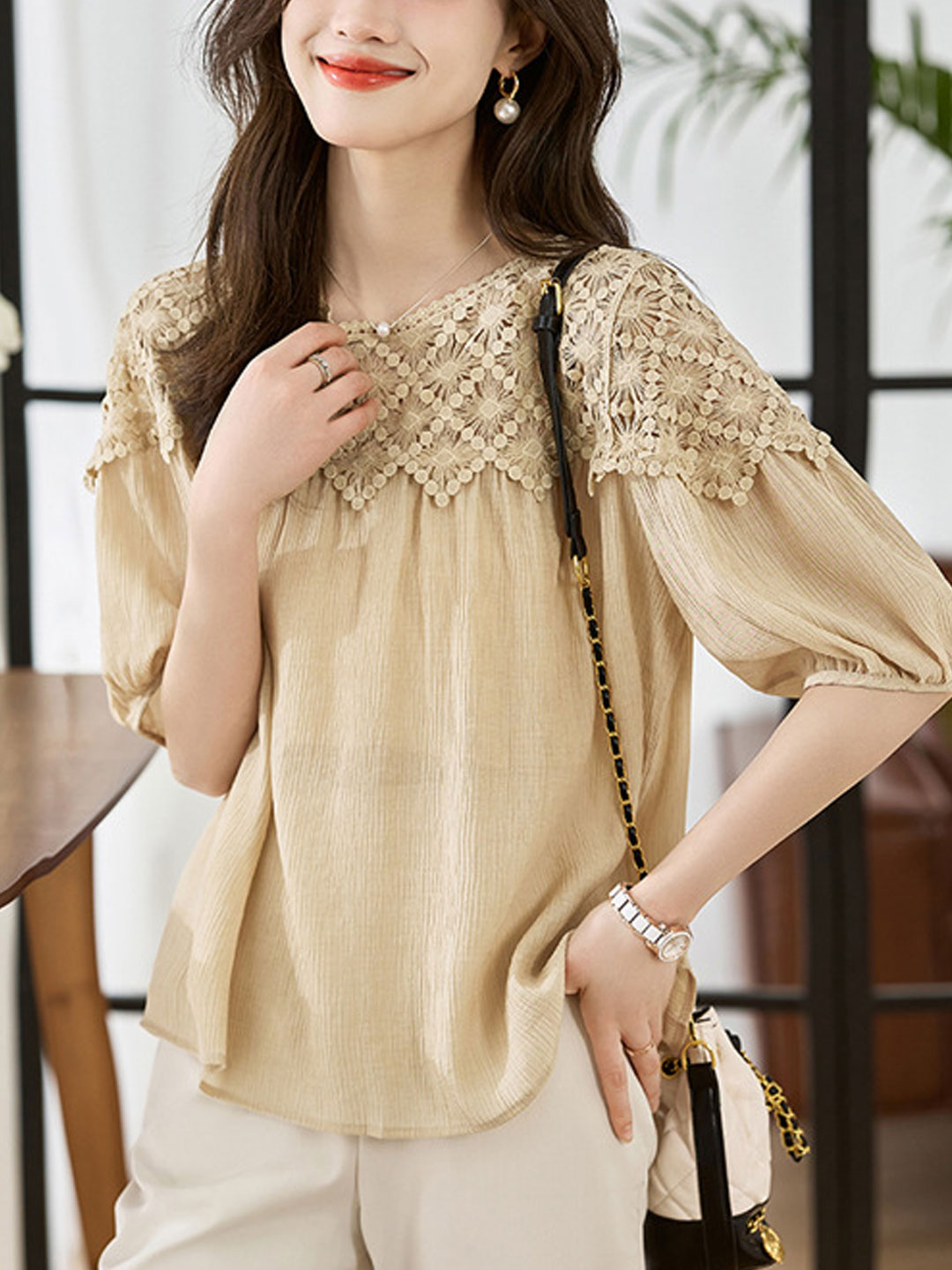 Sophie Loose Chiffon Lace Blouse-Khaki