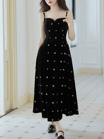 Kayla Retro Velvet Embroidered Slip Dress Two-Piece Set