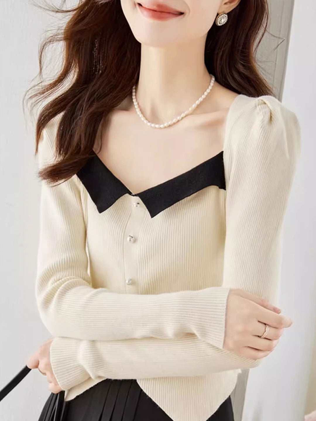 Jessica Retro Color Block Knitted Top-Apricot