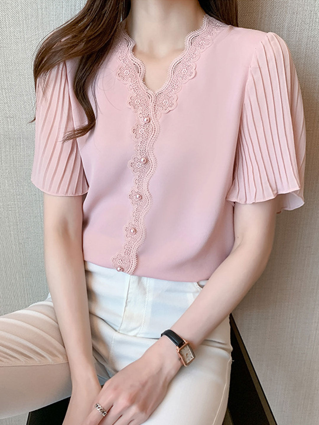 Elizabeth Classic V-Neck Lace Chiffon Top-Pink