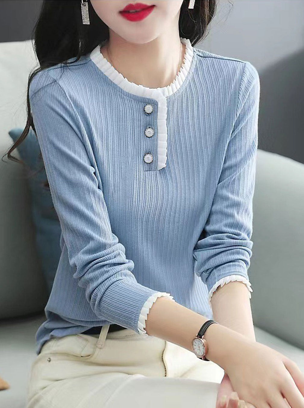 Raya Classic Crew Neck Ruffled Textured Shirt